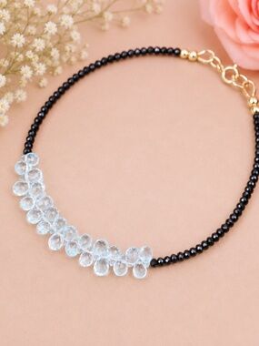 Natural Sky Blue Topaz, Black Spinel Bracelet Handmade Solid 14K Yellow Gold